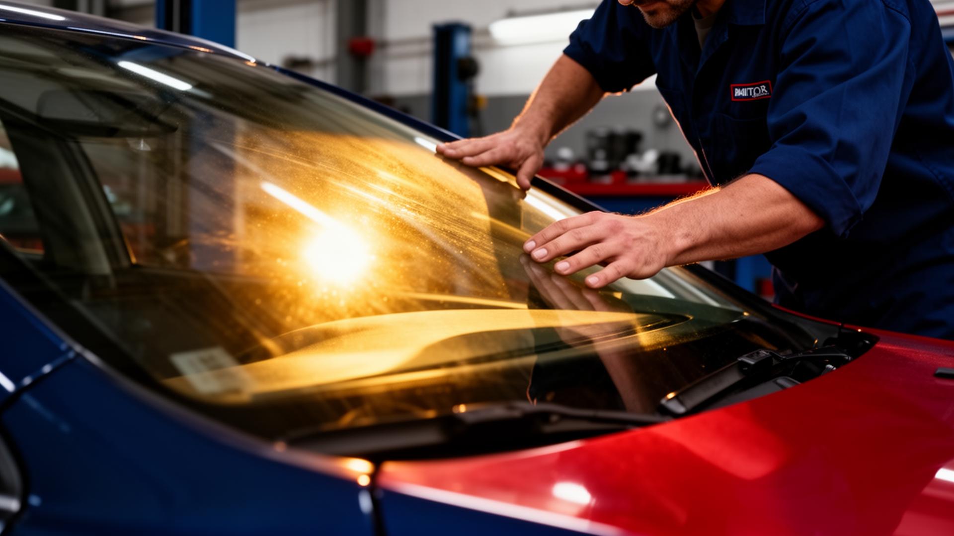 Auto glass technician installing windshield